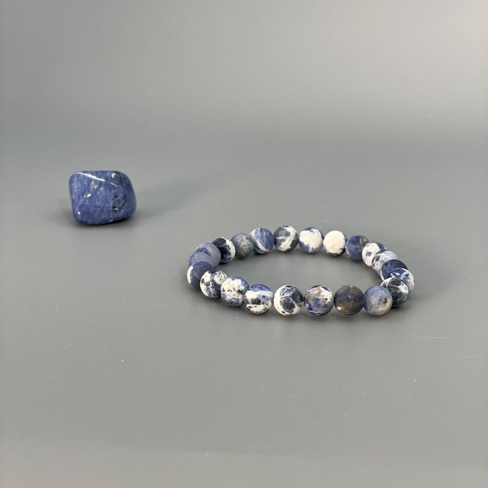 Sodalite Chakra Bracelet Beads Matte Elastic Stretch Tumbled Stone, Gift Pouch - Picture 2 of 6
